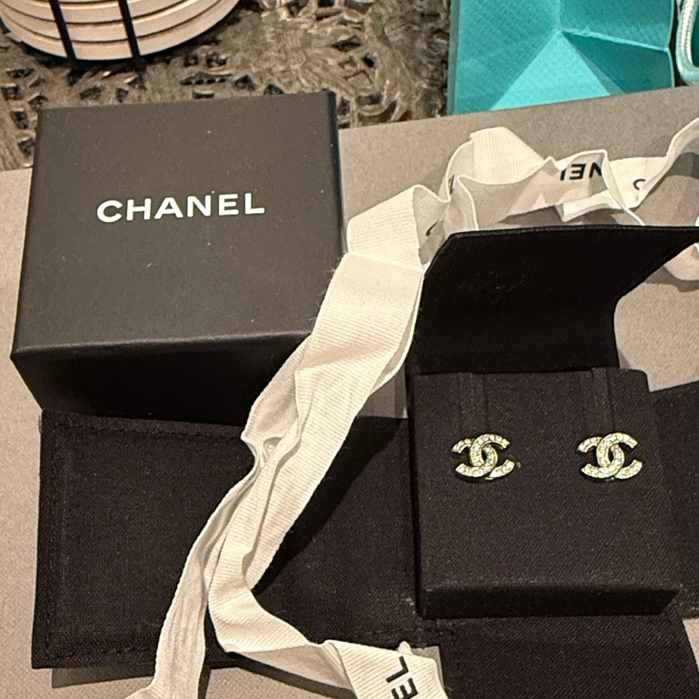 CHANEL Black and Silver Logo Earrings